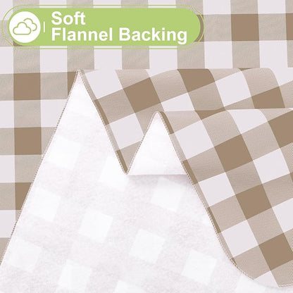 Smiry Picnic Table Cloth, Vinyl Tablecloths with Flannel Backing, 52"x90" | Waterproof Rectangle Table Cloth, Wipeable Buffalo Plaid Table Cover for Indoor and Outdoor (Khaki & White)