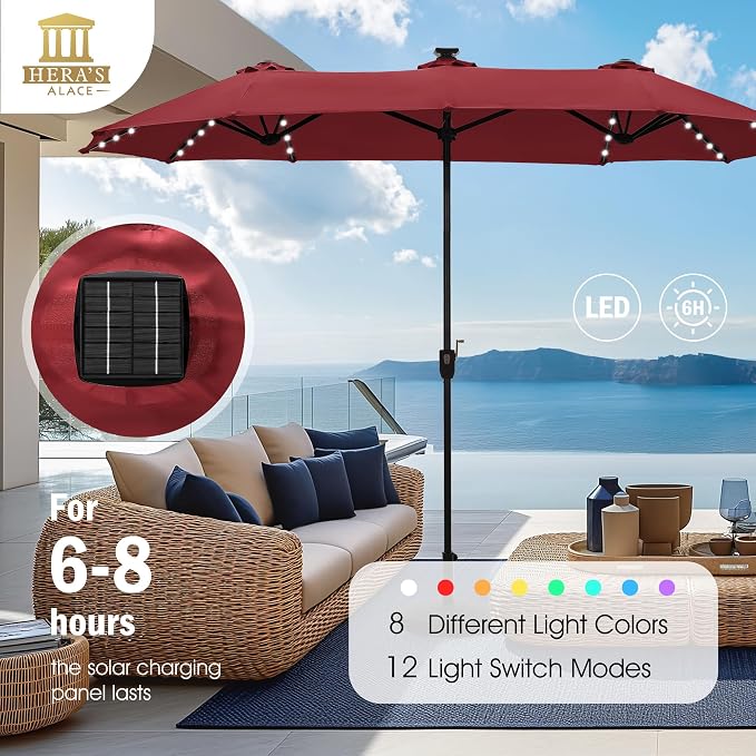 HERA'S PALACE 13 ft Patio Umbrella with 120 LED Solar Lights Double Sided Outdoor Umbrella for Patio 8 Colors Changing Table Umbrella for Garden Pool, Orange Red
