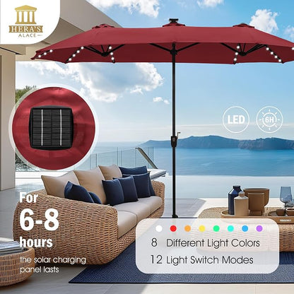 HERA'S PALACE 13 ft Patio Umbrella with 120 LED Solar Lights Double Sided Outdoor Umbrella for Patio 8 Colors Changing Table Umbrella for Garden Pool, Orange Red