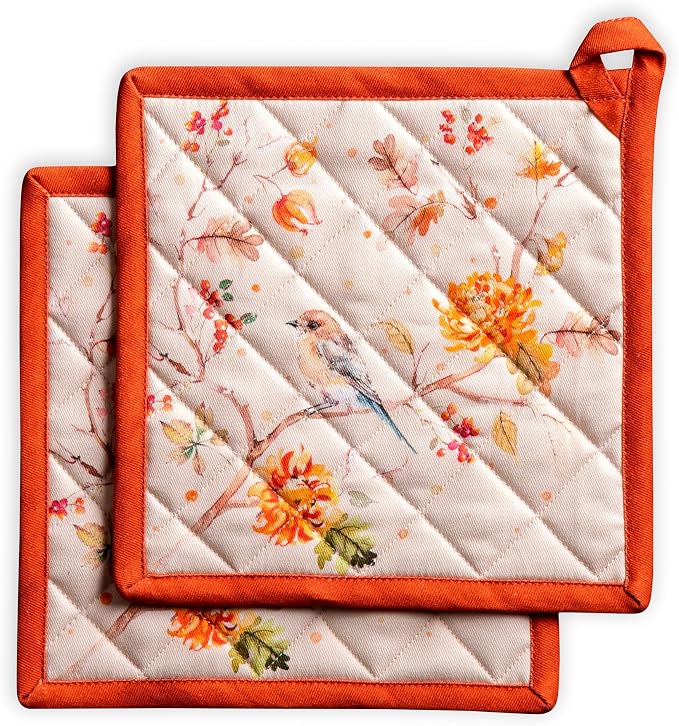 Maison d' Hermine Pot Holders 100% Cotton Potholders (8" x 8", Pack of 2) | Heat Resistant Hot Pads with Loop BBQ Cooking Baking Hotel Kitchen Handling Hot Pans Thanksgiving Christmas - Kelim - Prairie