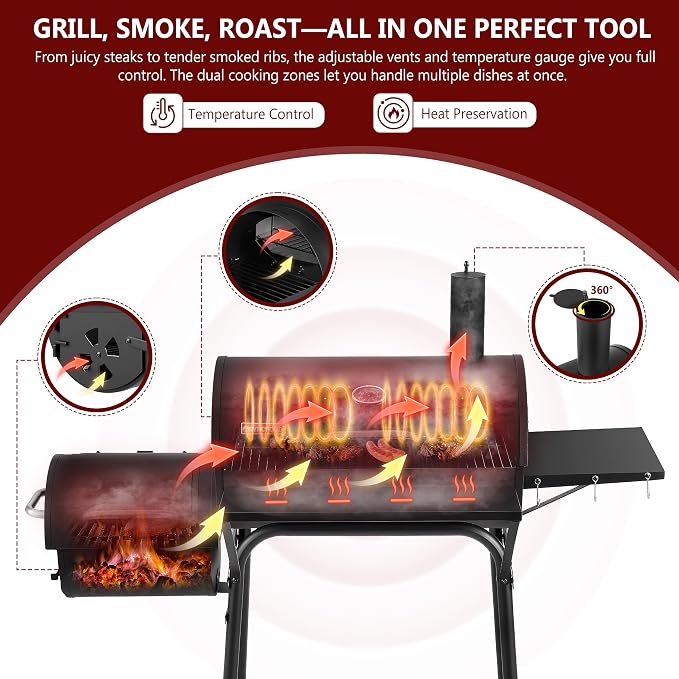 Charcoal Grill with Offset Smoker, 744.5 Sq. In. Outdoor BBQ Grill | Side fire box, 4-position adjustable charcoal pan, thermometer, warming rack, side table, wheels and storage rack