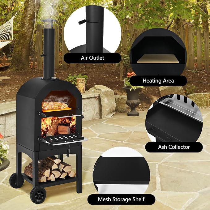 COSTWAY Outdoor Pizza Oven, Wood Fired Pizza Oven for Outside, Patio Pizza Grill with Pizza Stone, Pizza Peel, and Waterproof Cover for Backyard Camping
