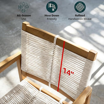 Heritage Woven Rope Eucalyptus Wood Armchair, Set of 2 Oversized Wide Backrest for Enhanced Comfort - Handcrafted Outdoor Patio Dining Chairs, Solid Eucalyptus Boho Seating for Deck, Porch & Backyard