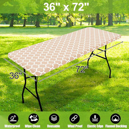 Smiry Picnic Fitted Table Cover, 6 Foot Flannel Backed Vinyl Tablecloth | Waterproof Elastic Stretch Table Cloth, Wipeable Plastic Tablecloth for Camping, Indoor & Outdoor (Khaki, 36" x 72")