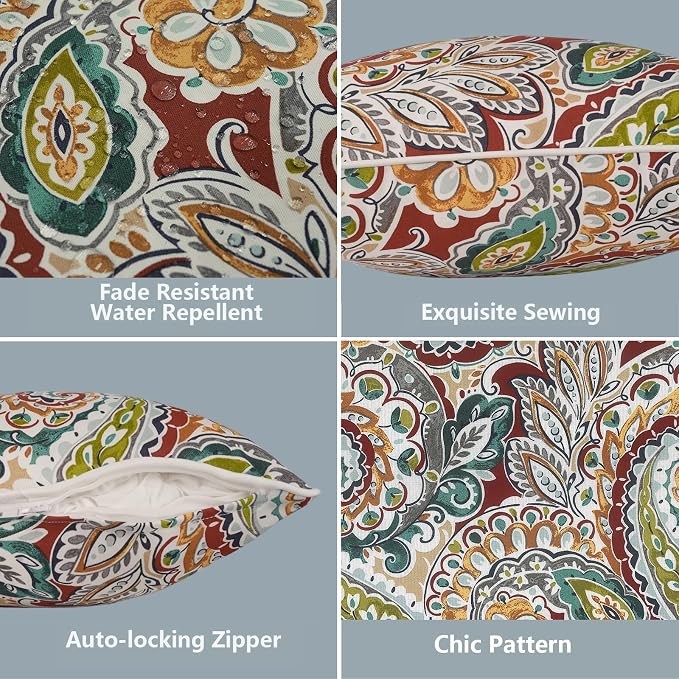 LVTXIII 2 Pack Outdoor Lumbar Pillow Covers 12x20 Inch with Piping, Water-Repellent Back Cushion Covers ONLY for Patio Furniture, Sofa, Garden Bench, Vibrant Paisley