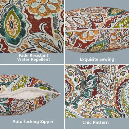 LVTXIII 2 Pack Outdoor Lumbar Pillow Covers 12x20 Inch with Piping, Water-Repellent Back Cushion Covers ONLY for Patio Furniture, Sofa, Garden Bench, Vibrant Paisley