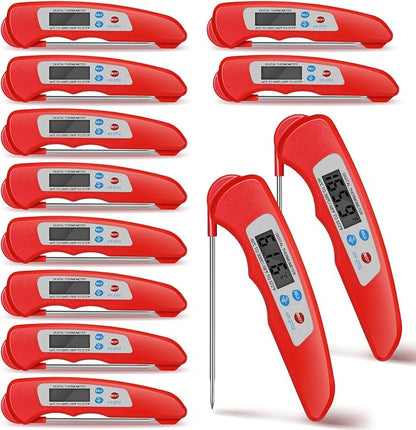 Xuhal 12 Pcs Digital Meat Thermometer with Probe Waterproof Instant Read Foldable Food Thermometer with Magnet for Kitchen Grilling Cooking Turkey Baking BBQ(Red)