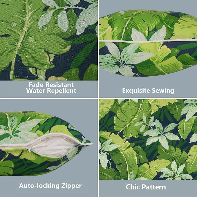 LVTXIII 2 Pack Outdoor Lumbar Pillow Covers 12x20 Inch with Piping, Water-Repellent Back Cushion Covers ONLY for Patio Furniture, Sofa, Garden Bench, Jungle Leaves