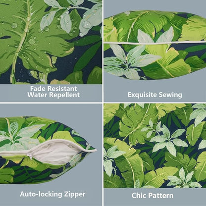 LVTXIII 2 Pack Outdoor Lumbar Pillow Covers 12x20 Inch with Piping, Water-Repellent Back Cushion Covers ONLY for Patio Furniture, Sofa, Garden Bench, Jungle Leaves