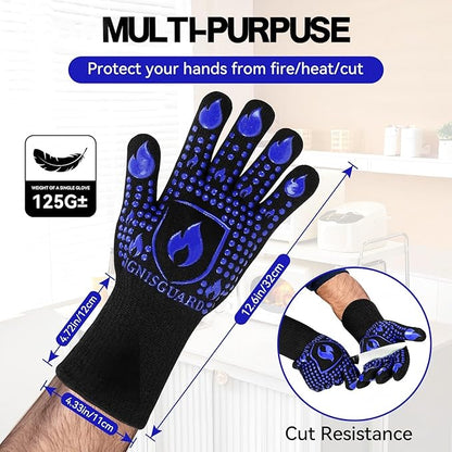 BBQ & Grill Gloves, Oven Gloves, 1472°F Silicone Oven Mitts Heat Resistant Grilling Gloves Fireproof Non-Slip for Barbecue Cooking Baking Smoking, 1-Pair (Blue, Large)