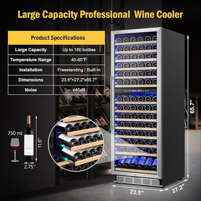 FoMup 24" 180-Bottle Dual Zone Wine fridge, Freestanding or Built-in | Sliding rail shelves, Reversible door, Professional cooling, Low noise, Glass door, Digital temp, Home or commercial use