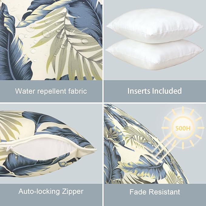 LVTXIII Outdoor Throw Pillows 18x18 Patio Waterproof Square Pillows with Piping Fade Resistant Accent Pillow for Spring Summer Garden Decoration, Set of 2, ‌Lush Palm Blue