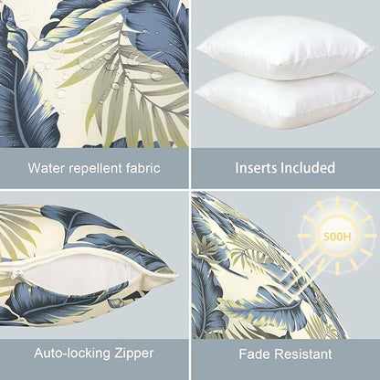 LVTXIII Set of 2 Patio Throw Pillows Waterproof 20"x20" Fade Resistant Outdoor Throw Pillows with Inserts, Fluffy Decorative Garden Toss Pillow Cushions for Home Patio Coach Sofa Use, ‌Lush Palm Blue