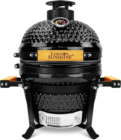 Upgraded 13 inch Ceramic Kamado Grill with Waterproof Air Vent Cap | Portable Tabletop Charcoal BBQ Grill Smoker for Outdoor Cooking, Patio, Camping | Black