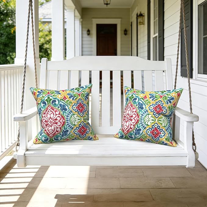 LVTXIII 2 Pack Outdoor Throw Pillow Covers for Patio Furniture, 16x16 Inch Square Pillow Case, Water-Repellent Cushion Covers for Garden, Porch, Sofa, Damask Red