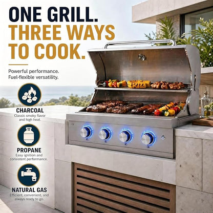 4 Burner Built in Gas Barbecue Grills & Tri-Fuel, 28in Drop-in Propane & Natural Gas Grill Combo with Rear Burner, 48,400 BTUs Stainless Steel Charcoal BBQ Grill for Outdoor Kitchen Island Patio