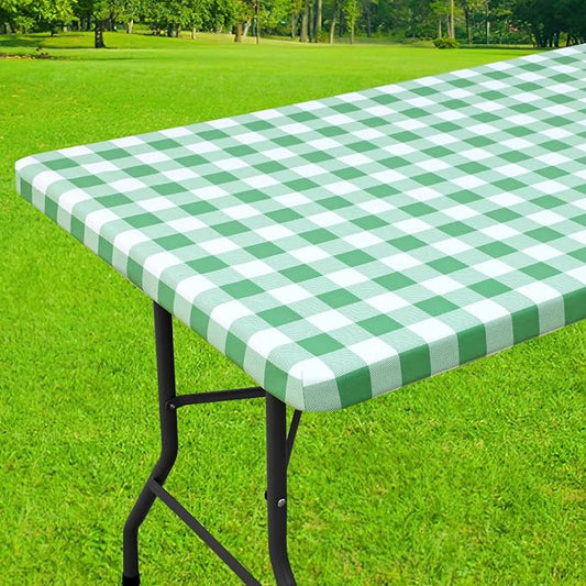Smiry Rectangle Picnic Table Cloth, Elastic Waterproof Fitted Vinyl Tablecloths, Flannel Backed Buffalo Plaid Table Covers for Dining, Camping, Outdoor (Sage Green and White, 24" x 48")
