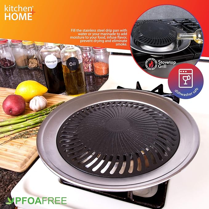 Kitchen + Home Stove Top Smokeless Grill, Indoor/Outdoor BBQ Grill Pan with Double Coated Non-Stick Surface and Burner Liners