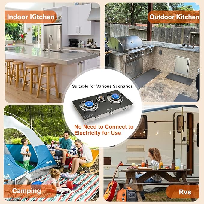 3 Burner Propane Gas Stove with Auto Ignition, 34000 BTU High-Efficiency Heavy-Duty Tempered Glass Cooktop, CSA Regulator & Hose Included, for Outdoor Camping Emergency