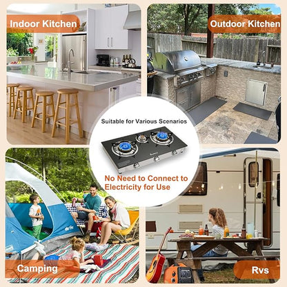 3 Burner Propane Gas Stove with Auto Ignition, 34000 BTU High-Efficiency Heavy-Duty Tempered Glass Cooktop, CSA Regulator & Hose Included, for Outdoor Camping Emergency