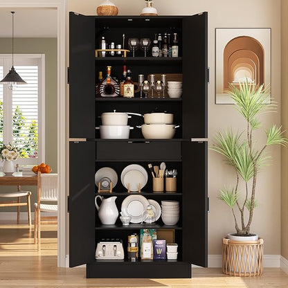 Unikito 71" Tall Kitchen Pantry Cabinet with Farmhouse Barn Doors and Storage Drawer, 4 Adjustable Shelves, Freestanding Cupboard for Kitchen, Dining Room, Living Room, Utility Room, Black