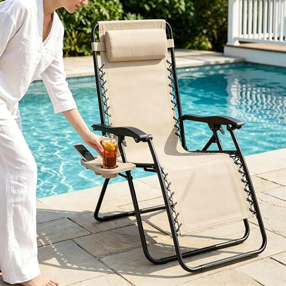 Adjustable Folding Lounge Chair, Portable Camping Chair for Adults with Headrest, Reclining Outdoor Chair with RemovableTray, Foldable Low Beach Chair for Camping, Picnic, Travel, Khaki