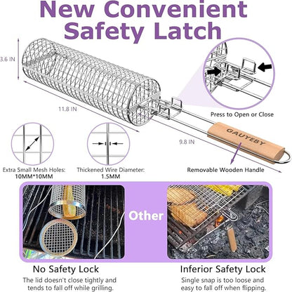Rolling Grill Basket, Grill Baskets for Outdoor Grill, REMOVABLE HANDLE, Anti-Scorch Stainless Steel BBQ Net Tube for Meat, Shrimp, Vegetables, Grill Accessories, Gifts for Dad, Husband (Round)