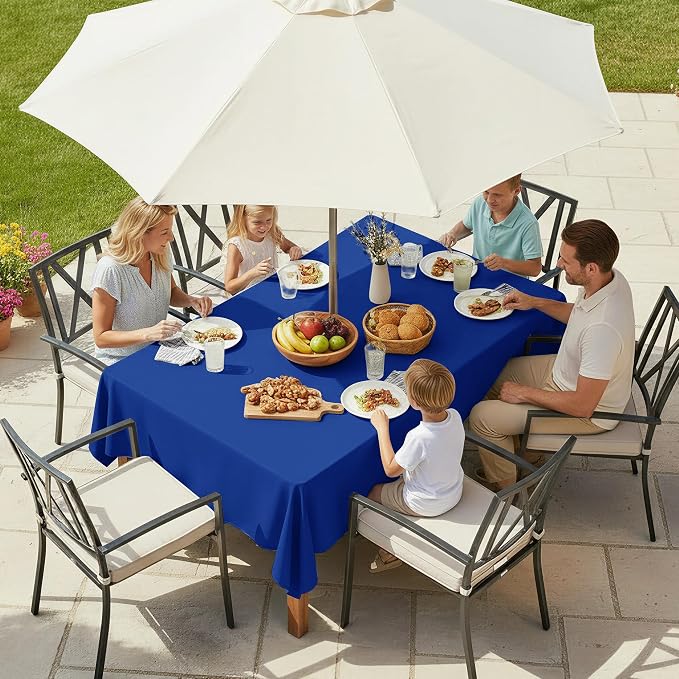 LUSHVIDA Rectangle Outdoor Tablecloth with Umbrella Hole and Zipper, 52x70 Inch Blue, Washable Waterproof Table Cloth Spill Proof Wrinkle Free Table Cover for Patio Spring Summer Picnic BBQS