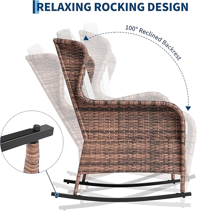 GarveeLife Single Wicker Rocking Chair, Classic Rattan Rocker with Brown Gradient and White Cushion, for Porch Relaxation