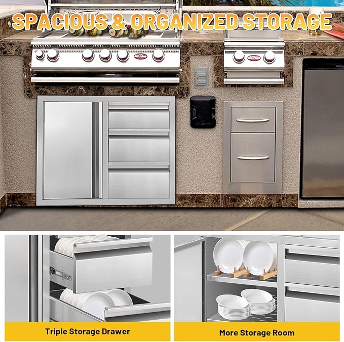 Outdoor Kitchen Drawer Combo Cabinet Stainless Steel Triple Drawers & Access Door, 28" W x 22" H x 19.5" D, Multi-Layer Design with Partition, Perfect for BBQ Grill Station