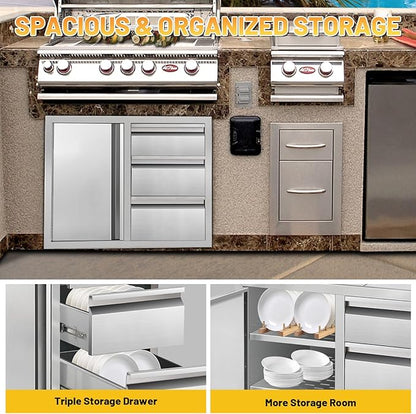 Outdoor Kitchen Drawer Combo Cabinet Stainless Steel Triple Drawers & Access Door, 28" W x 22" H x 19.5" D, Multi-Layer Design with Partition, Perfect for BBQ Grill Station