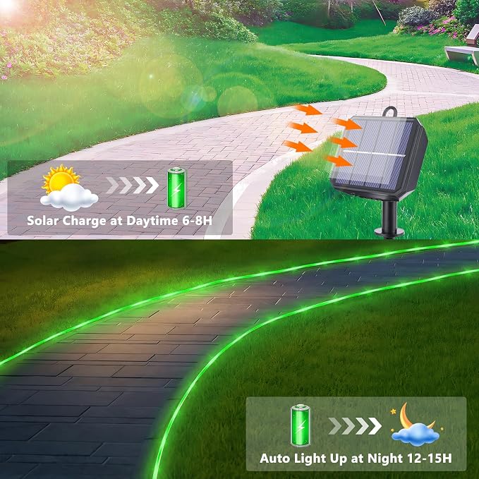 Solar Rope Lights, 2 Pack Total 66ft 200LED Solar String Lights, 8 Modes Waterproof Solar Outdoor Light, Flexible Clear Trampoline Light for Garden Yard Patio Deck Porch Pool Tree Decor - Green