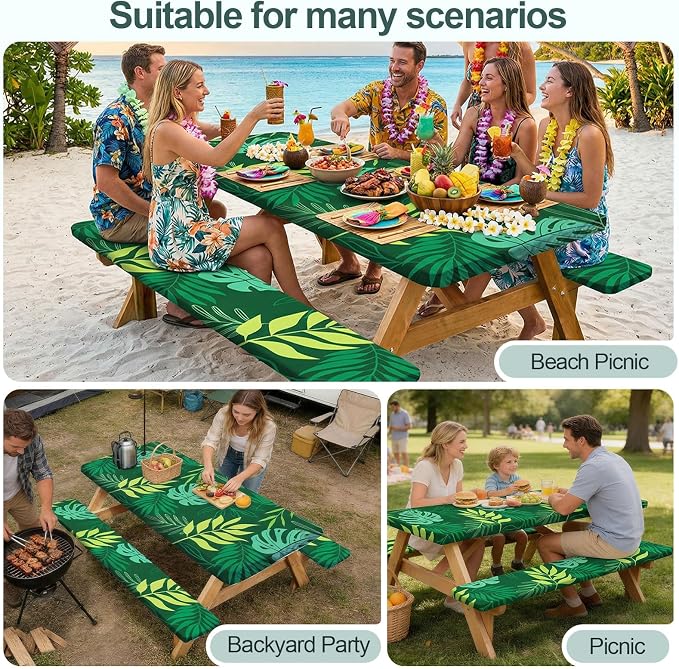 Picnic Table Cover Bench Covers Camping Essentials Tablecloth | Waterproof Vinyl for Outdoor, Windproof Elastic Fitted Edges, RV BBQ Accessories Must Haves, Storage Bag Included