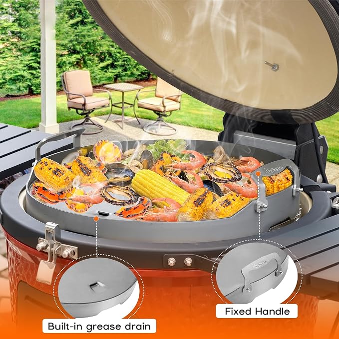 Skyflame Round Griddle, 18.5" Flat Top Griddle Insert | Grease Drain, Handle, Compatible with Kamado Joe Classic, Compatible with Large Big Green Egg