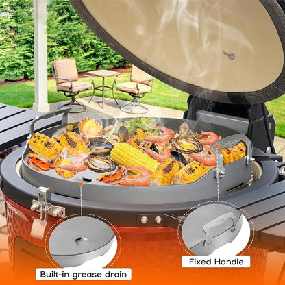 Skyflame Round Griddle, 18.5" Flat Top Griddle Insert | Grease Drain, Handle, Compatible with Kamado Joe Classic, Compatible with Large Big Green Egg