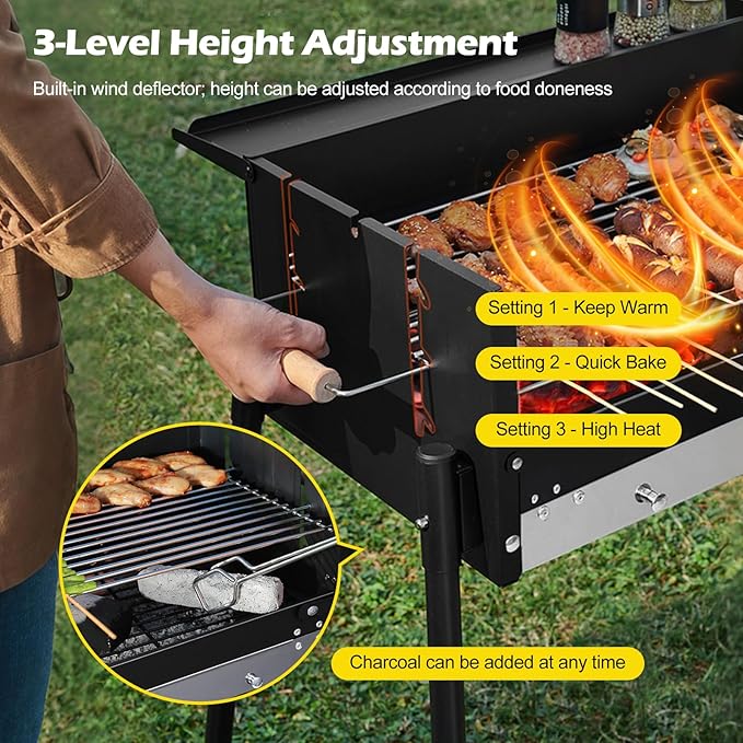 Ergocar Charcoal Barbecue Grill - Foldable No Assembly Required Thickened Stainless Steel Windproof Three-Level Temperature Control, Built-In Seasoning Tray, Suitable For Five Or More Persons
