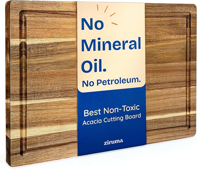 Non-Toxic Acacia Wood Cutting Board, Mineral Oil & Plastic Free, 16x11 in | Petroleum & BPA free. FSC-certified wood. Knife-friendly surface. Beeswax, flaxseed & lemon oil finish.