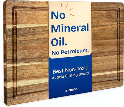 Non-Toxic Acacia Wood Cutting Board, Mineral Oil & Plastic Free, 16x11 in | Petroleum & BPA free. FSC-certified wood. Knife-friendly surface. Beeswax, flaxseed & lemon oil finish.