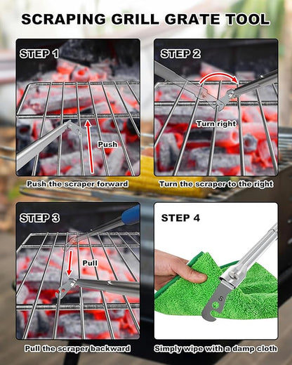Premium Grill Cleaning Tool - 19.5 Inch Grill Grate Scraper for Outdoor Grills with Round Grates - Outdoor Scraping BBQ Tool Bristle Free, Safe and Cleaning the Top and Bottom of Grates