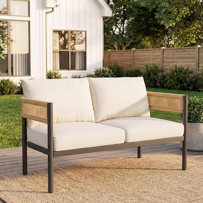 Gand Patio Outdoor Loveseat,Wicker Conversation Set with Thick Cushion for Porch, Garden, Yard, Natural