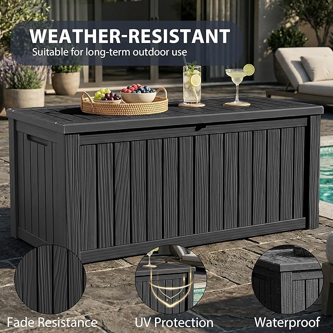 150 Gallon Outdoor Storage Box Waterproof Outside Resin Deck Box, Lockable Storage Bin for Patio Furniture,Garden Tools,Cushions,Pool Accessories(Black)