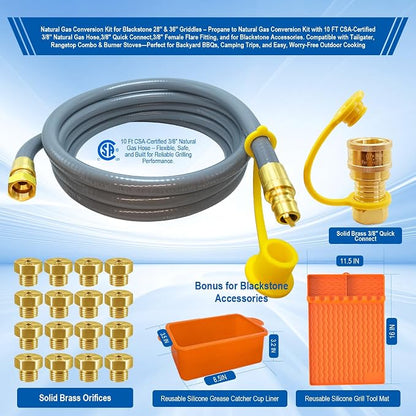 5249 Natural Gas Conversion Kit for Blackstone Grill 28" 36" Griddle, Propane to Natural Gas Conversion Kit w/10ft Natural Gas Hose, Silicone Grill Tool Mat, Grease Cup Liners, 3/8" Quick Connect Etc.