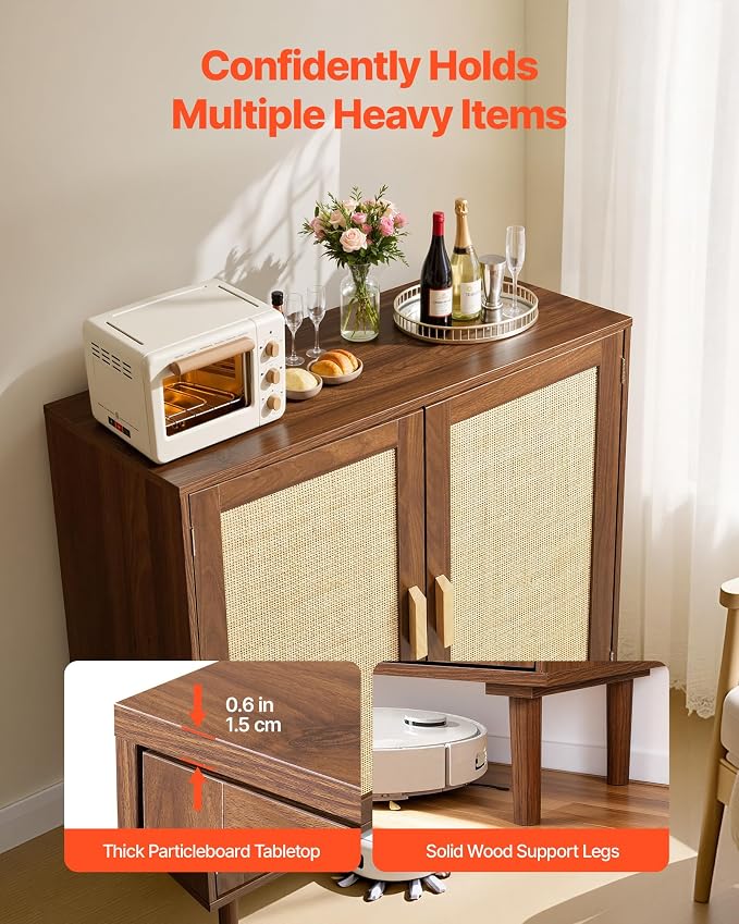 VEVOR Rattan Cabinet, Rattan Storage Cabinet with 2 Magnetic Doors and Adjustable Shelves, Accent Sideboard Buffet with Wooden Legs & Power Cord Hole for Hallway, Entryway, Living Room, Kitchen, Brown