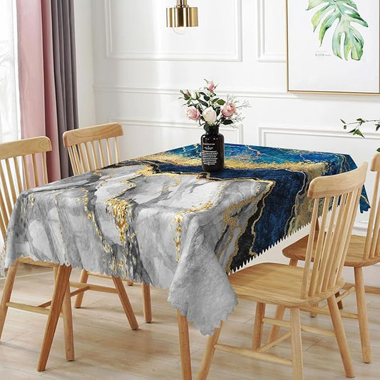 60x108inches Abstract Marble Tablecloth Navy Blue and Grey Gold Glitter Veins Marble Texture Table Cloth Waterproof Stain Resistant Table Cover for Kitchen Dining Buffet Birthday Party Decor
