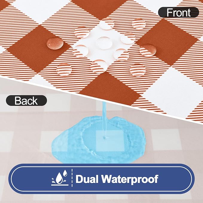Smiry Picnic Table Cloth 2 Pack, Waterproof Elastic Fitted Tablecloths for 6FT Rectangle Tables, Washable Polyester Buffalo Plaid Tablecloth for Camping, Dining & Outdoor (Rust & White, 30" x 72")