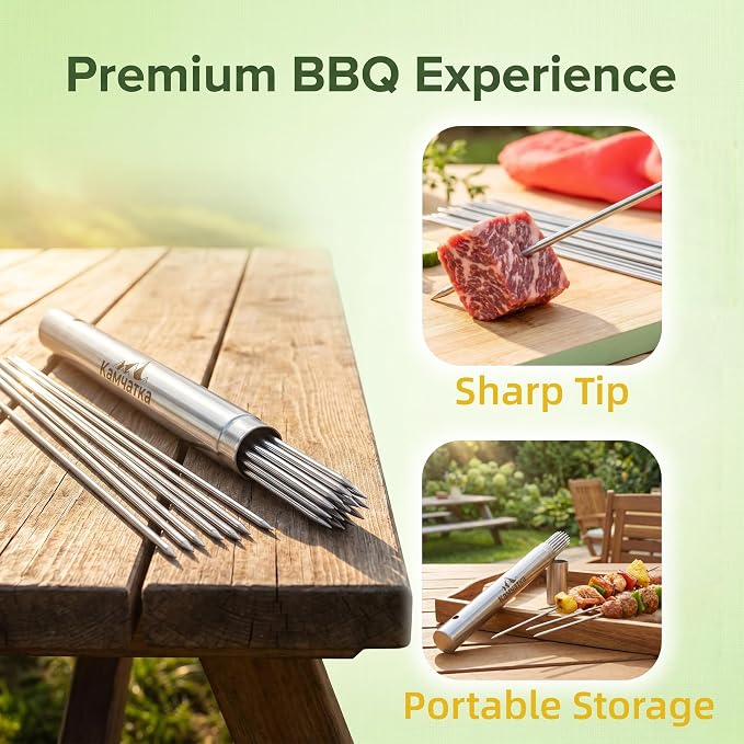 50 Pack 13.5 Inch Stainless Steel BBQ Skewers | Reusable Round Metal Skewers,Rustproof Food Safe Material with Storage Sube, for Meat Seafood Vegetables Kabobs