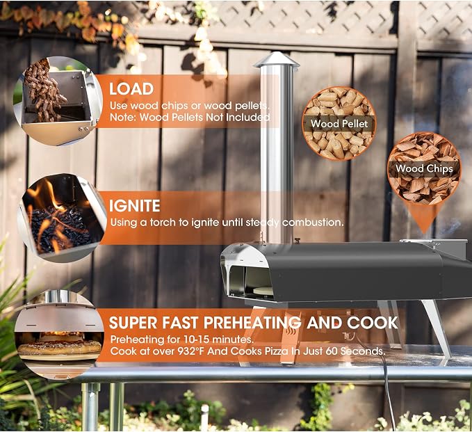 Mimiuo Auto-Rotating Wood Pellet Pizza Oven Outdoor 40Lbs, 60S Bake w/Stone | Heavy Duty, Fast Baking, Complete Baking Tool (Automatic Spinning System, Stone, Peel & Cover), Easy Operation