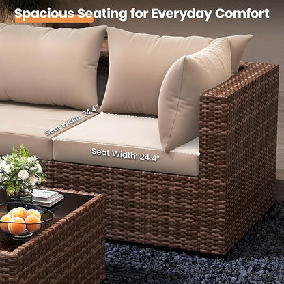 UDPATIO Patio Furniture Set with Fire Pit Table, 5 Piece Outdoor Sectional Sofas, All-Weather Wicker Conversation for Garden, Backyard, Khaki