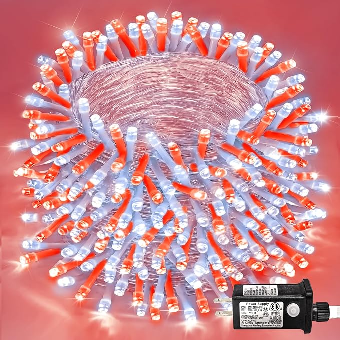 131FT 400 LED Outdoor String Lights, Red and White Christmas Lights Indoor | Plug in Waterproof 8 Modes Clear Wire String Twinkle Lights for Bedroom Outside Patio Yard Xmas Party Holiday Decorations