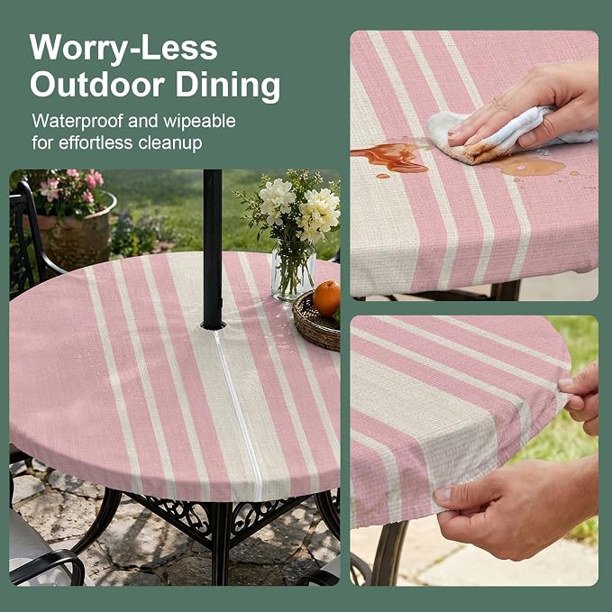 Outdoor Fitted Tablecloth with Umbrella Hole and Zipper, Pink Beige Striped Elastic Round Patio Table Cover, Farmhouse Retro Lines Modern Windproof Table Protector for Backyard BBQ Party 55''-60''